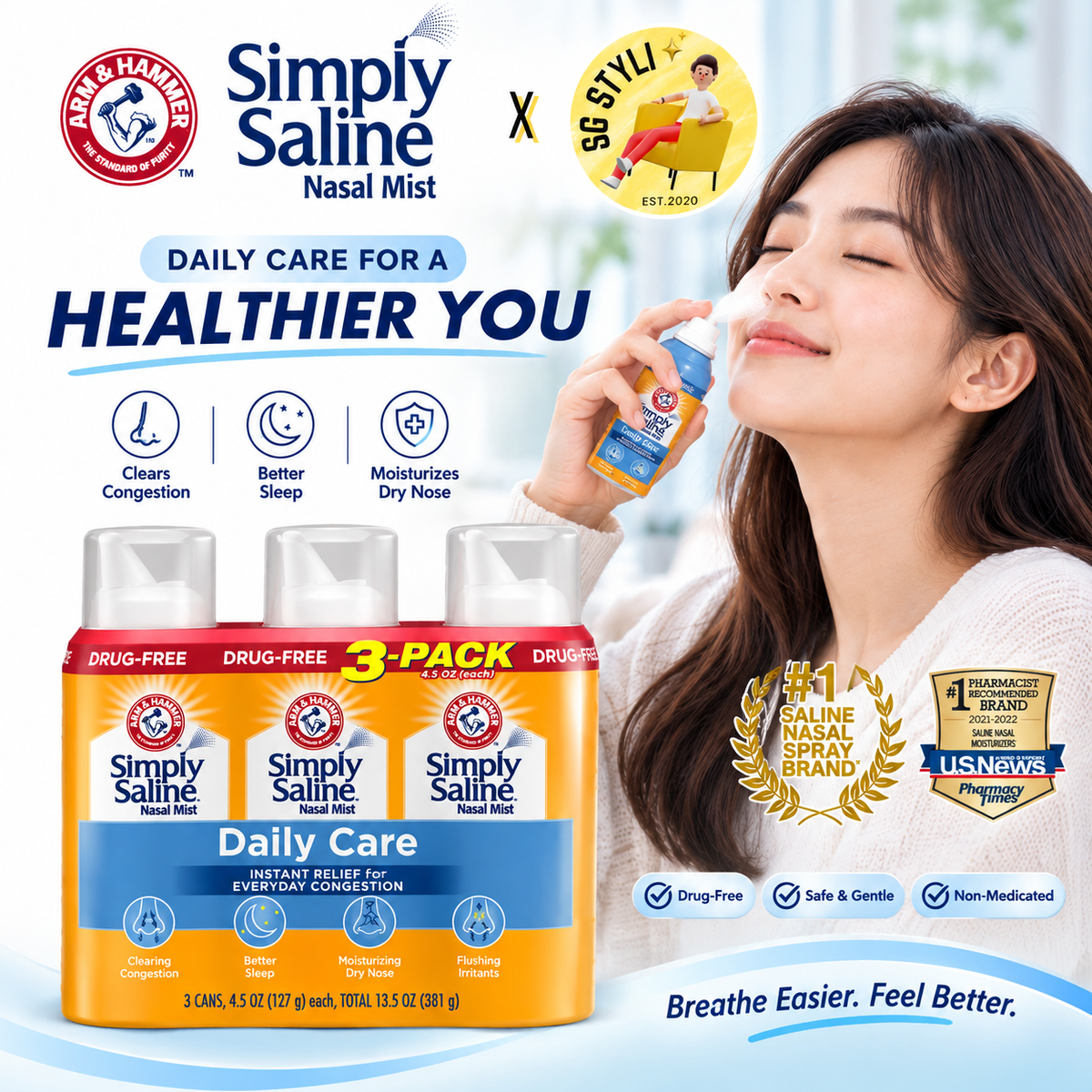 Arm & Hammer Simply Saline Adult Nasal Spray Mist for Daily Care Arm & Hammer (Congestion Relief)