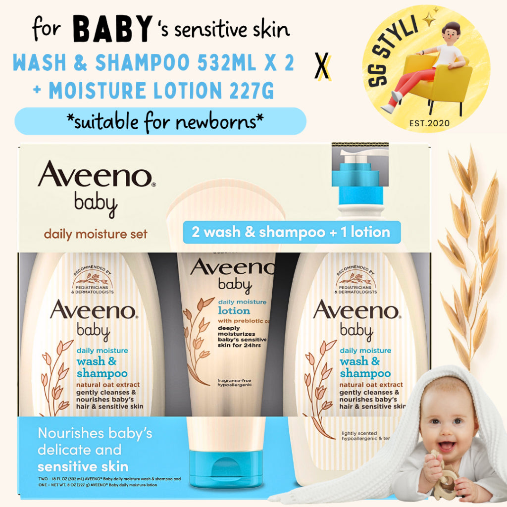 Aveeno Baby Daily Moisture Wash & Shampoo 2 x 532ml + Moisture Lotion 227g Combo Set of 3