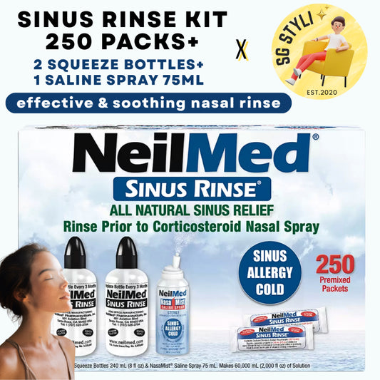 Neilmed Sinus Rinse Combo Kit 250 Packs + 2 Squeeze Bottles + 1 Saline Spray 75ml