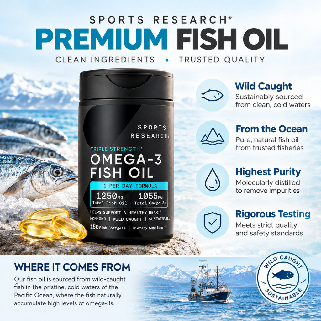 Sports Research Triple Strength 1250mg Omega-3 Fish Oil, 150 Fish Softgels from Wild Alaska Pollock