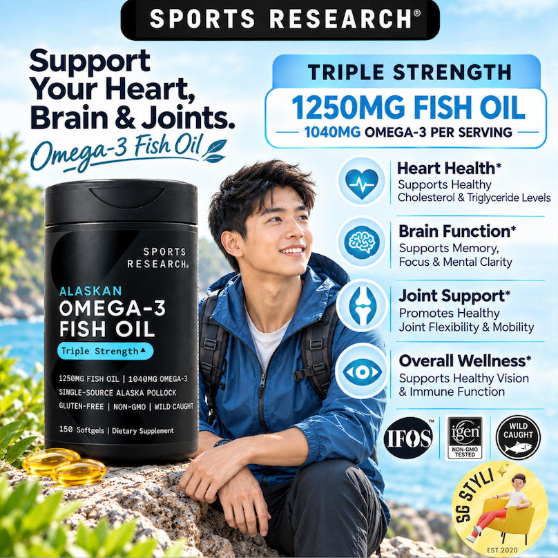 Sports Research Triple Strength 1250mg Omega-3 Fish Oil, 150 Fish Softgels from Wild Alaska Pollock