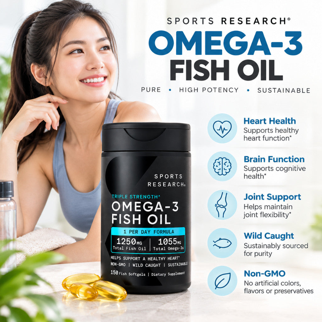 Sports Research Triple Strength 1250mg Omega-3 Fish Oil, 150 Fish Softgels from Wild Alaska Pollock