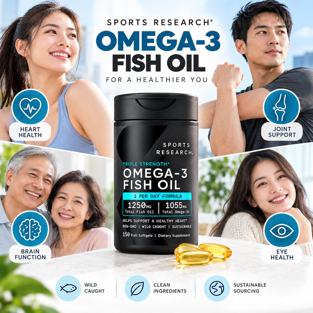 Sports Research Triple Strength 1250mg Omega-3 Fish Oil, 150 Fish Softgels from Wild Alaska Pollock